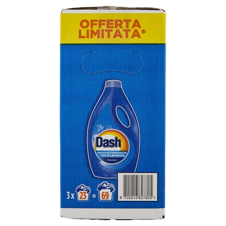 Dash Power Detersivo Liquido Lavatrice, Classico, 3x23 Lavaggi=69 Lavaggi 3x1035 ml
